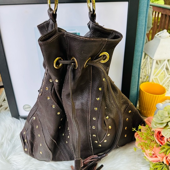 Bulga Brown Leather Drawstring Bag - Picture 1 of 11